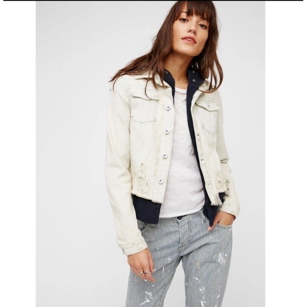 Free People Sweater Denim Jacket Hooded Size XS White Wash 90s Edgy Grunge